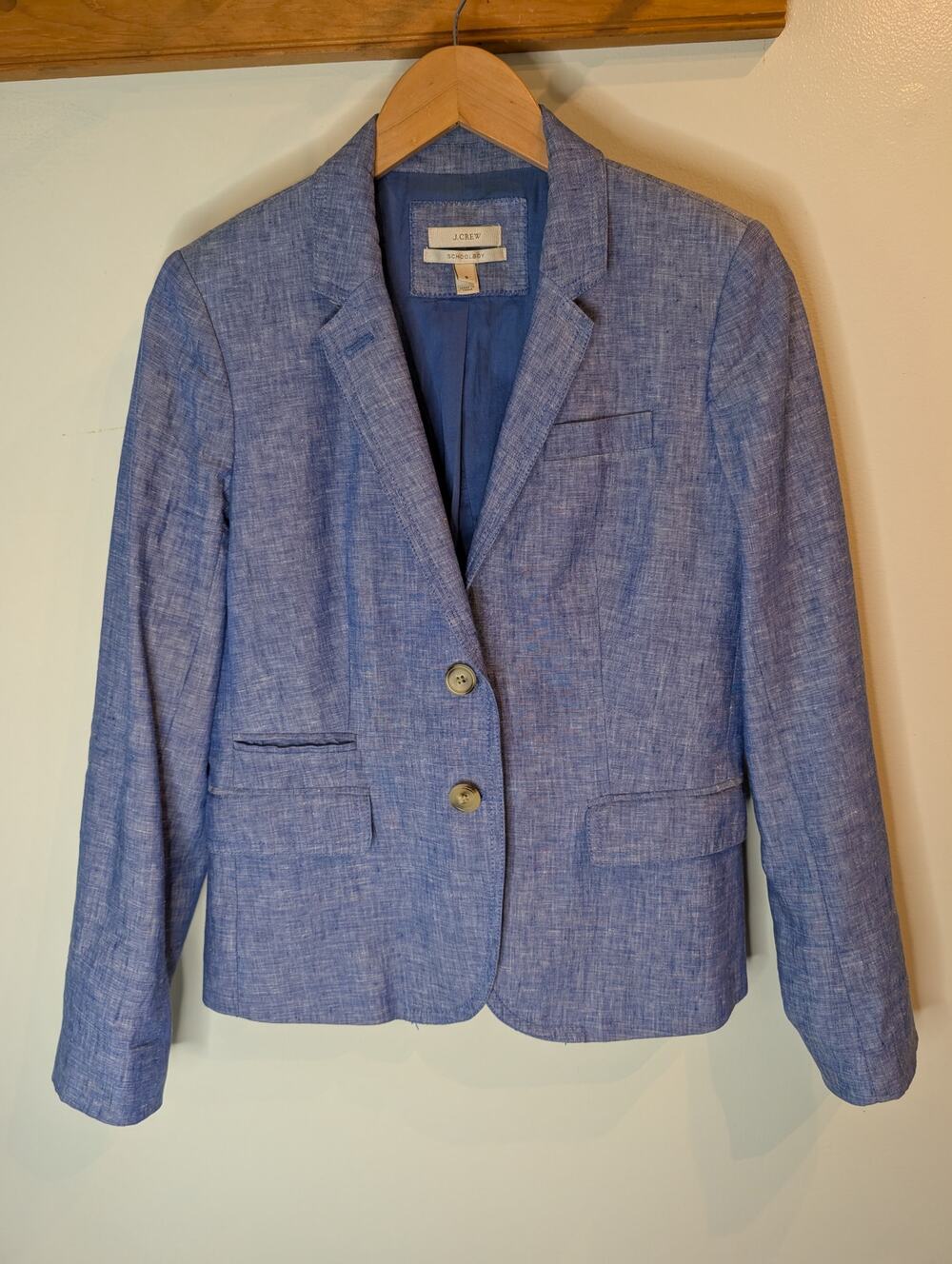 J.Crew Womens Schoolboy Linen Blazer Chambray Blue Two Button Tailored Size 8